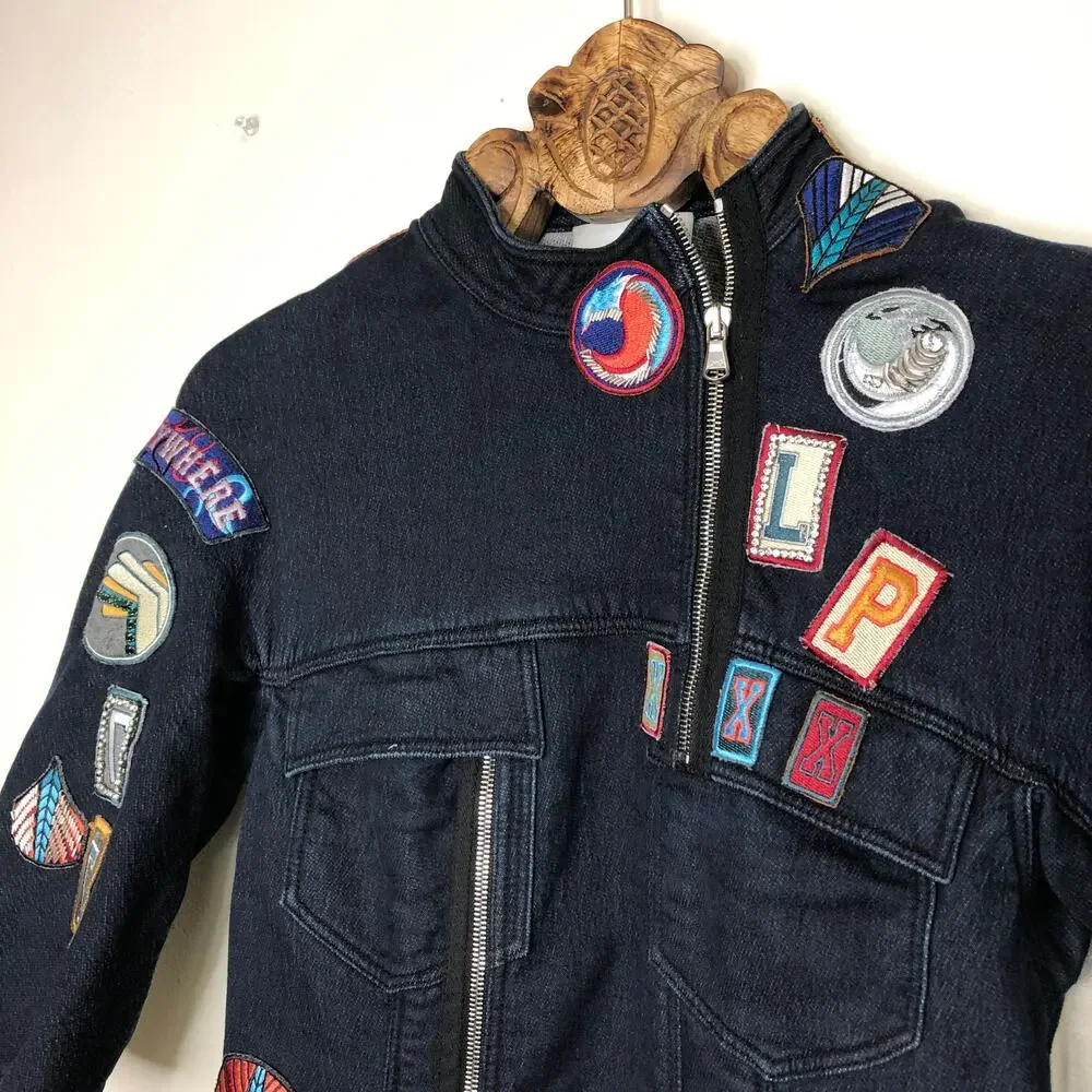 Phillip Lim Denim Jean Dress Moto Zip Detail Allover Custom Patches Beaded 6